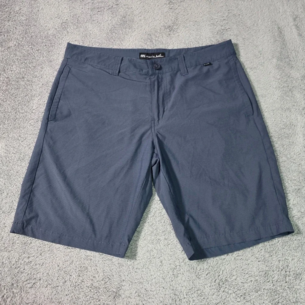 TravisMathew Mens 34 Performance Shorts Blue Micro Stripe Stretch Golf Casual